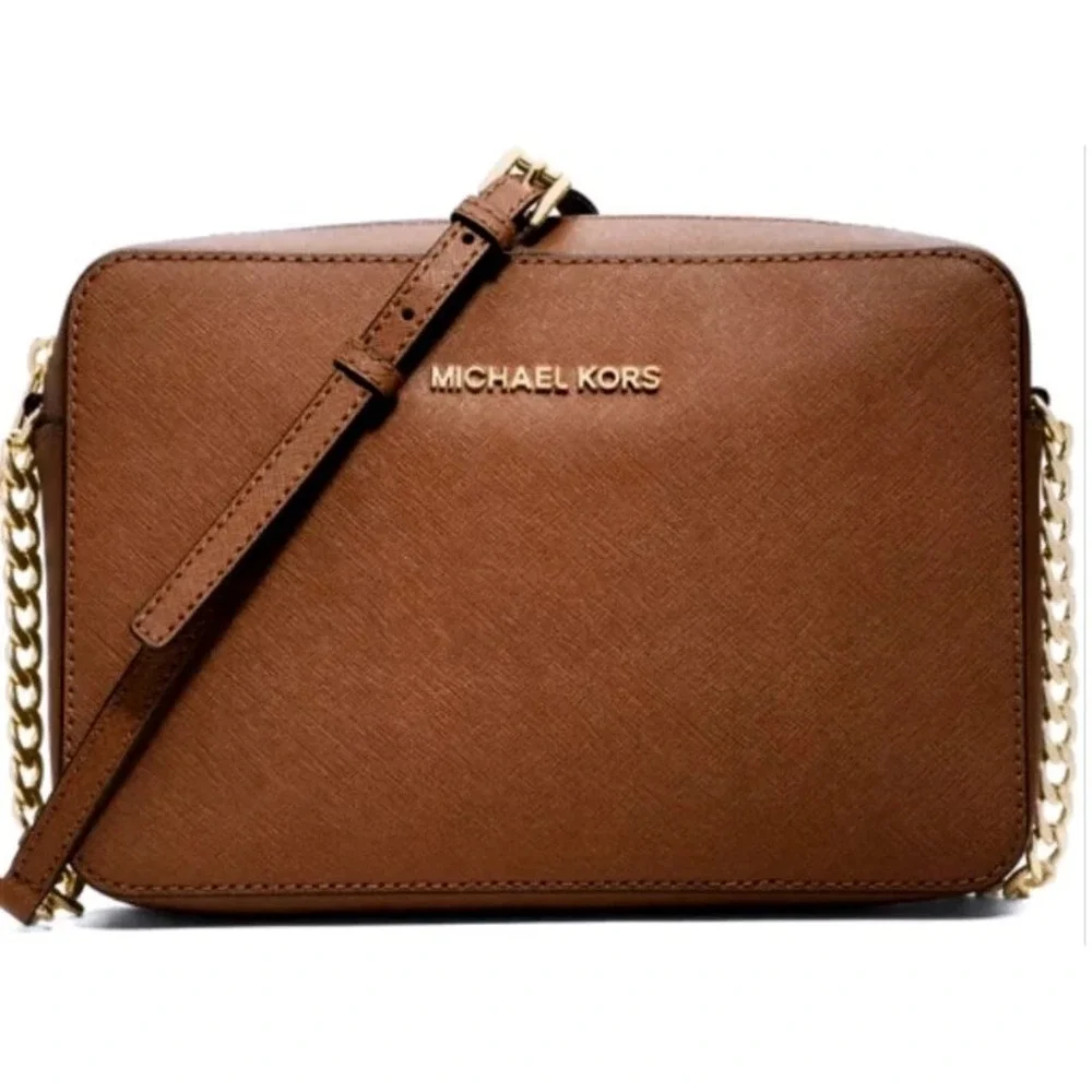 Michael Kors Jet Set Large East West Crossbody Bag Brown Saffiano Leather Gold